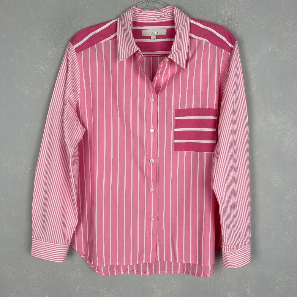 LOFT size L long sleeve button up shirt striped cotton blend relaxed fit